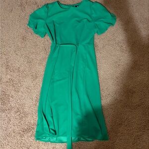 DKNY Emerald Green Puff Sleeve Midi Dress with Self-Tie Belt